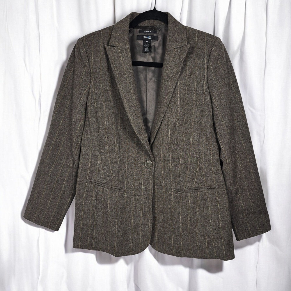 Style & Co Petite Blazer Woman 6P Brown Pinstripe Stretch One Button Career NWT